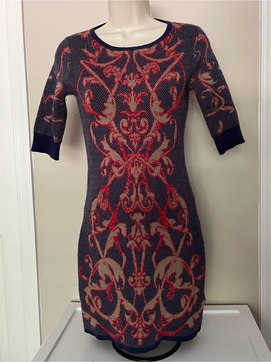 Supertrash Dresses & Skirts - Supertrash Navy Dress with Red Baroque Motif Bodycon Sweater Dress
